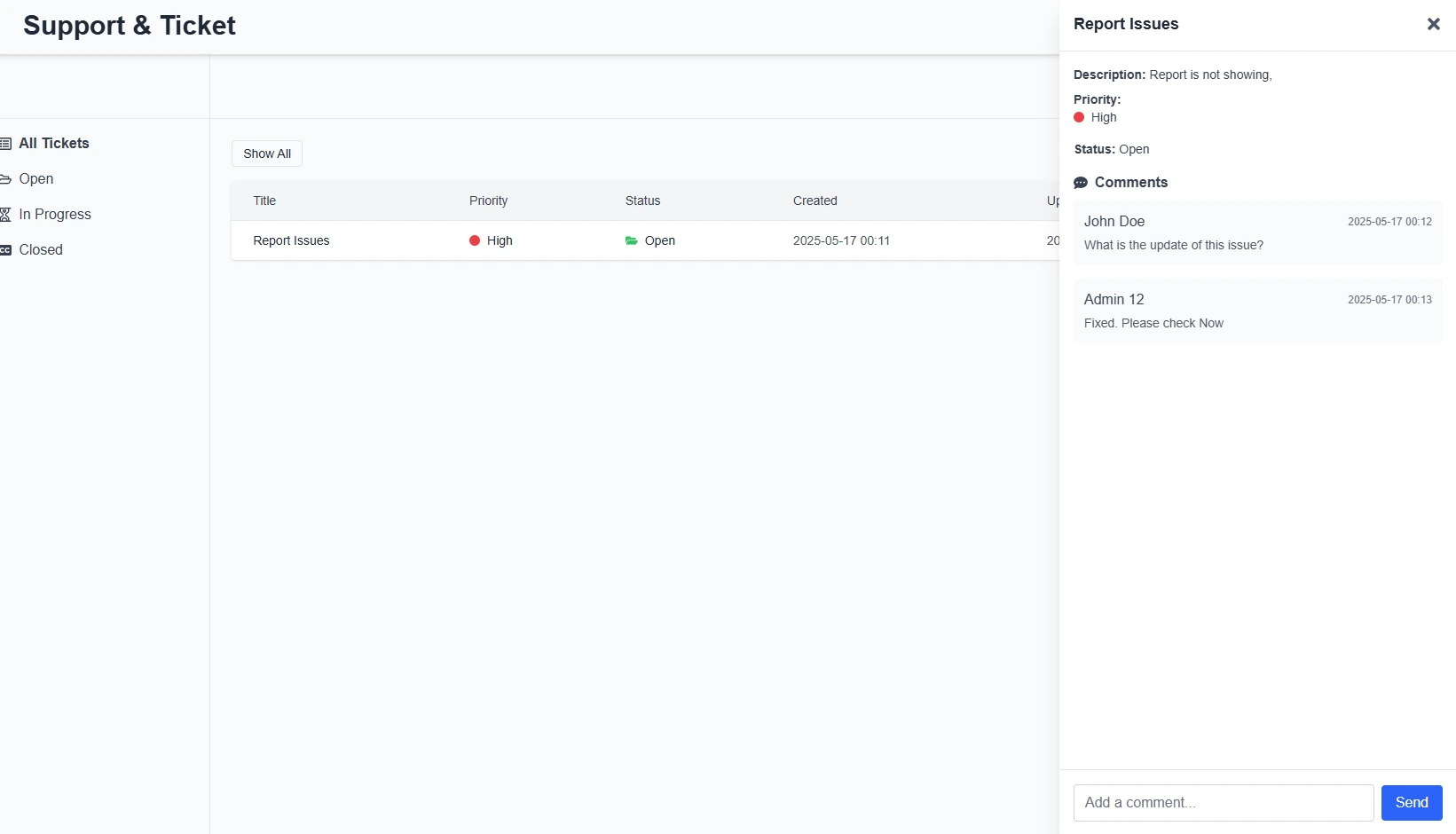 Track Ticket Status and Comments